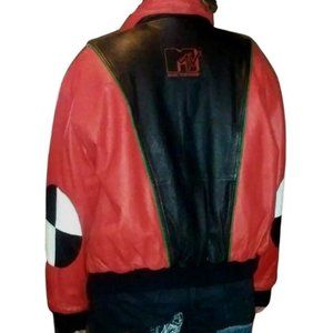 Vintage 1992 MTV Logo Leather Jacket Size Men's Large Red And Black